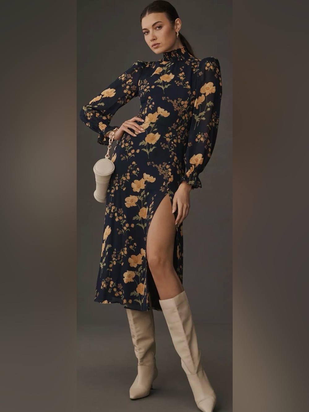 Reformation The Stevi Dres Dark Navy Floral Long-Sleeve Dress - Picture 2 of 13